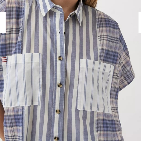 Urban Outfitters BDG Stevie Spliced Button Down Shirt Short Sleeve Relaxed Blue - Picture 2 of 14